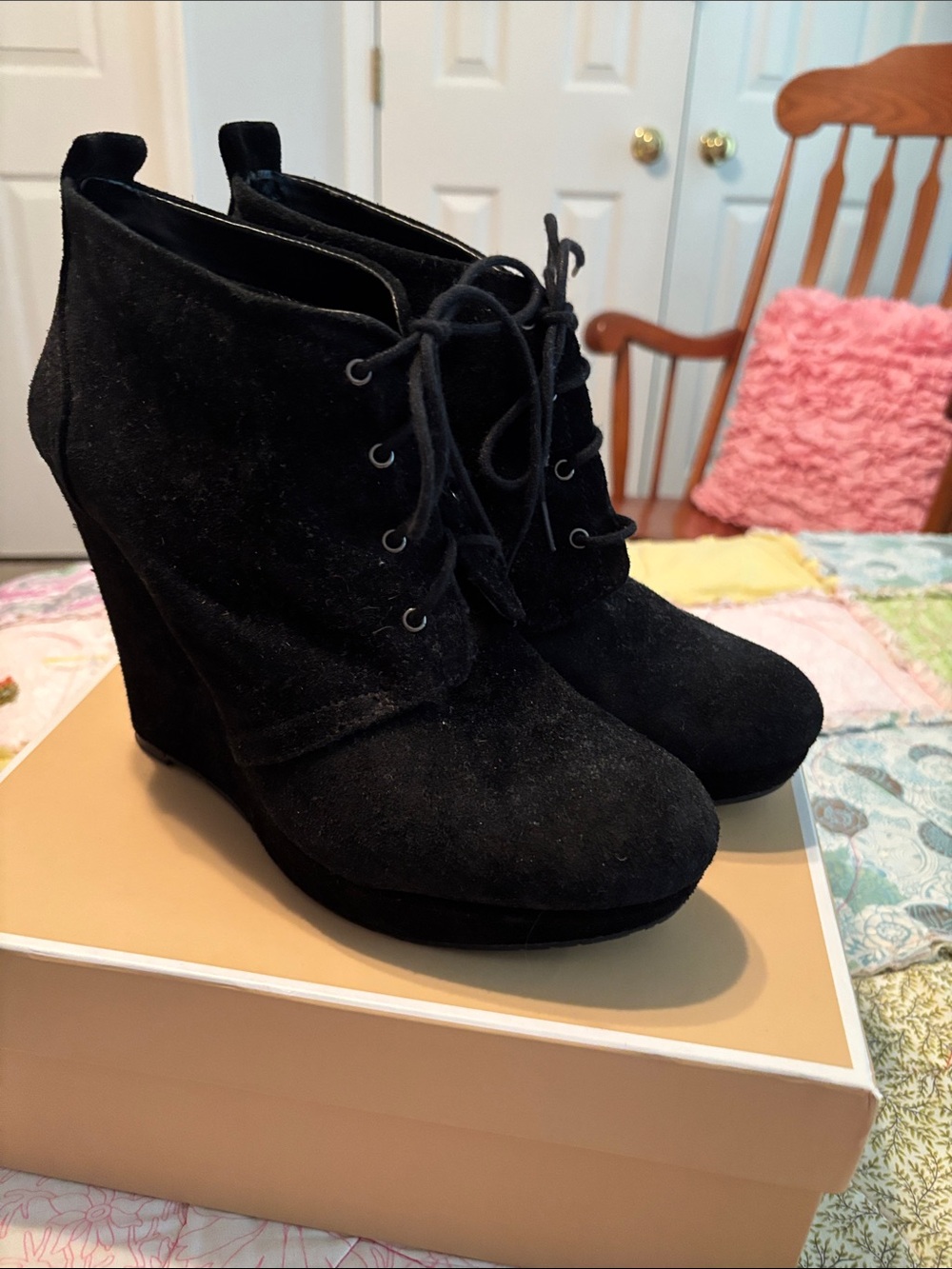 Jessica Simpson Black Suede Lace-Up Wedge Ankle Booties